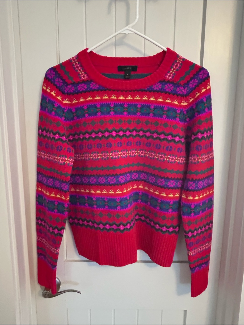 J. Crew Women's Red Fair Isle Crewneck Sweater Size Small Wool